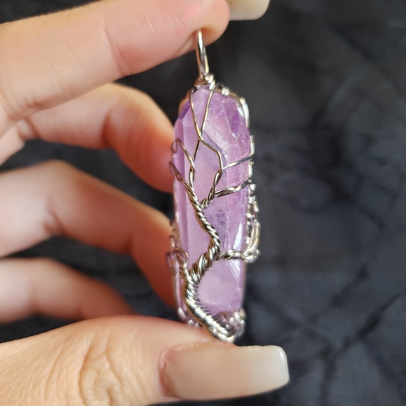 Jewelry - Natural Purple Crystal Silver Wire Wrapped Pendant